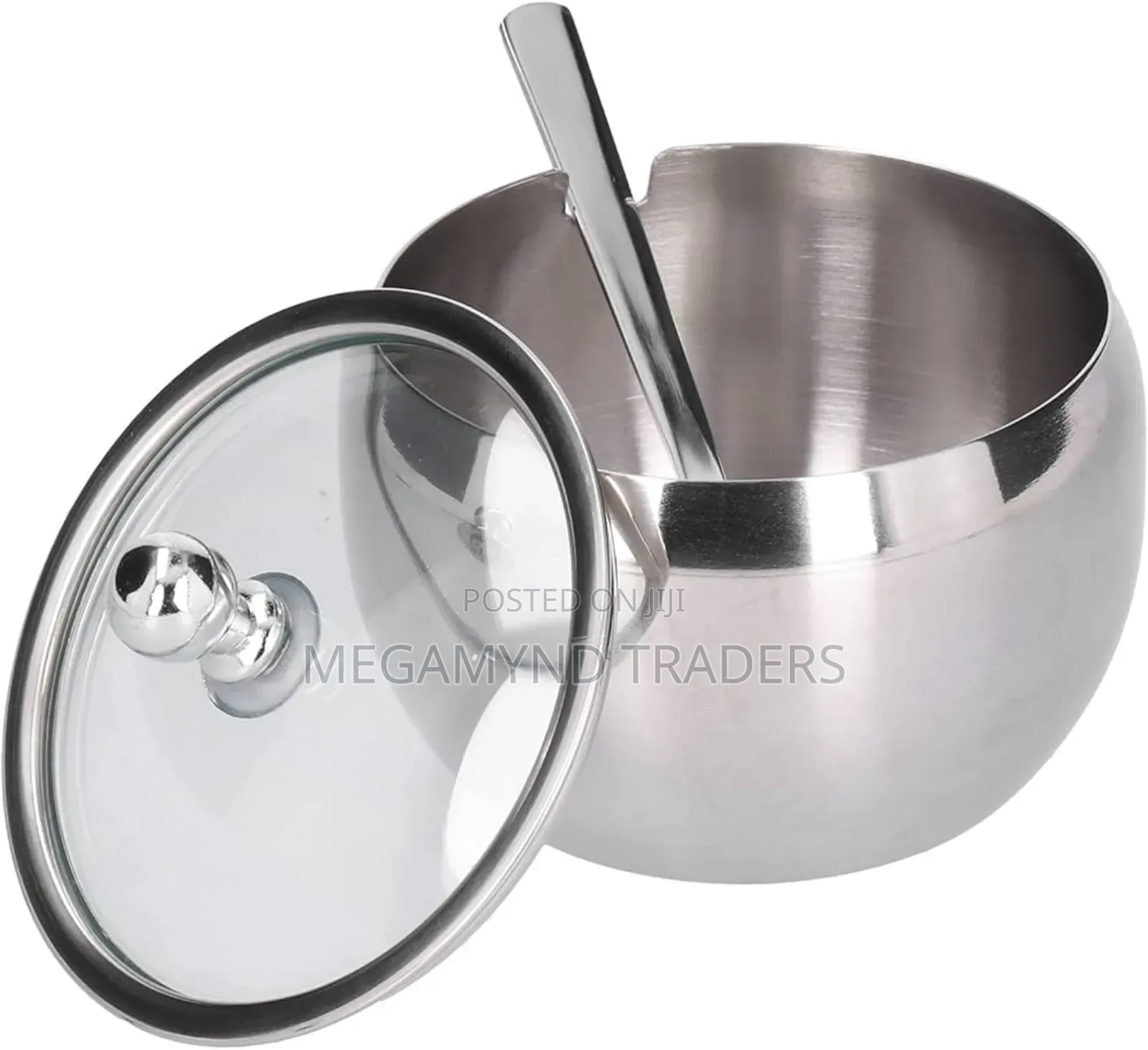 Stainless Steel Sugar Dish With Glass Lid and Spoon