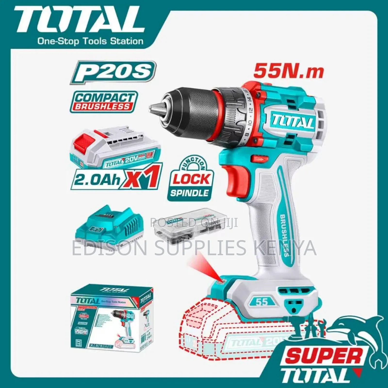 20v Cordless Drill Total Impact Drill 55n.M Battery, Charger