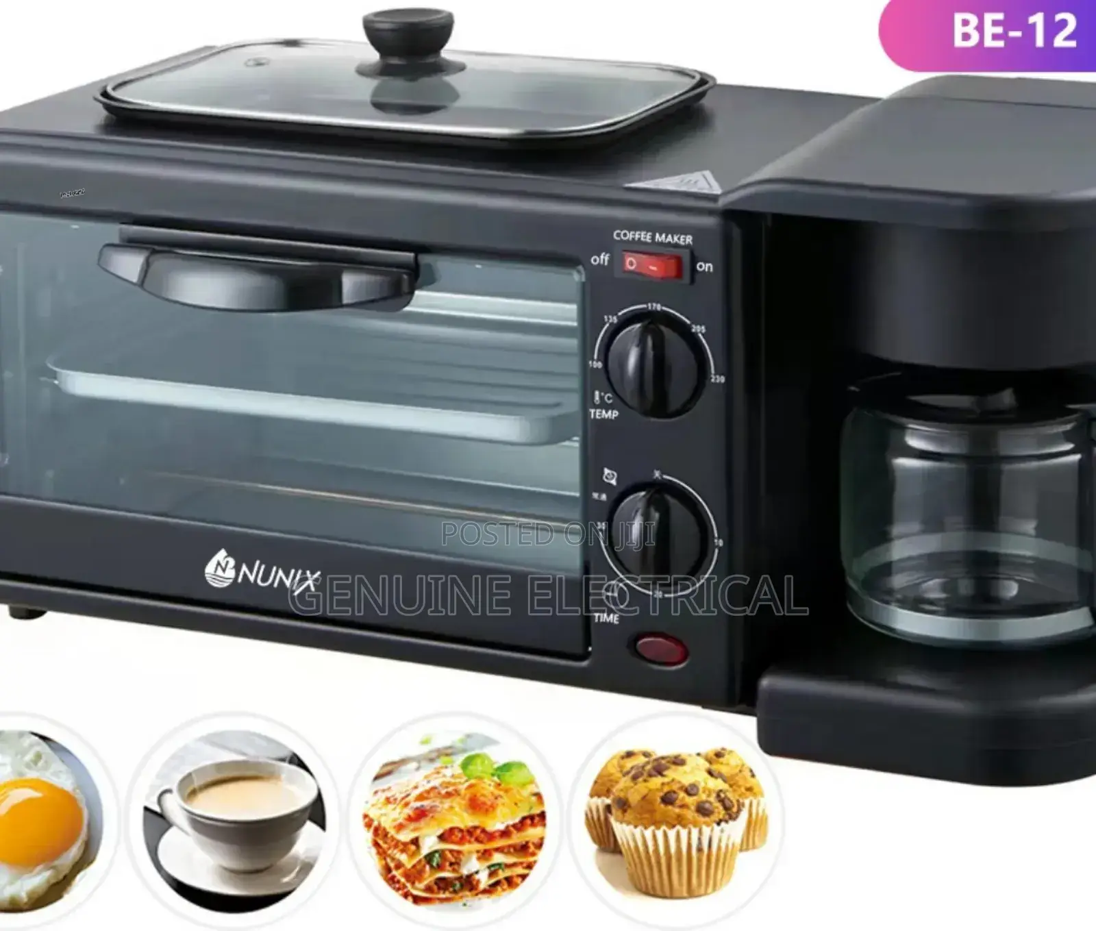 Nunix 3 in 1 Breakfast Maker; Toaster, Coffee Maker Blackn/O