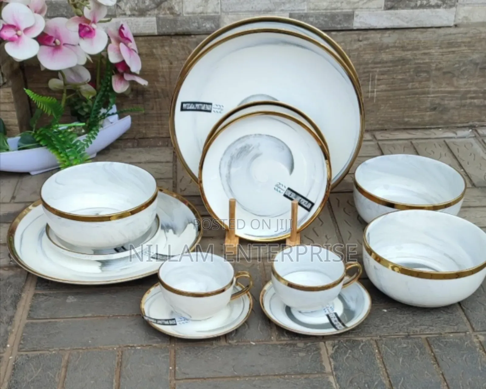36pcs Grey-Marble Nordic Classy Dinner Set With Gold Rim*