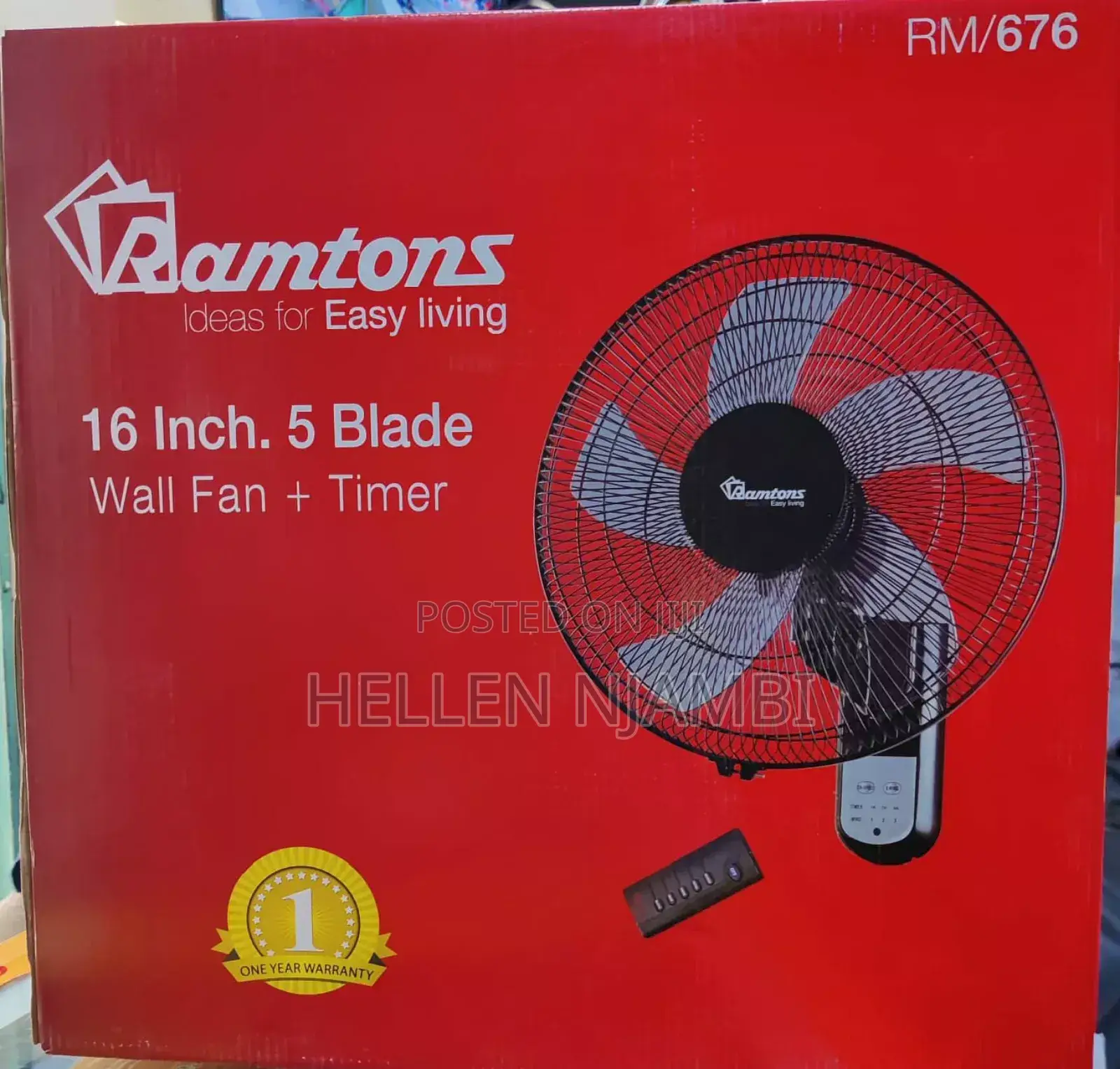 Rm/676 Ramtons 16 Inches Wall Fan 5 Blades With Remote