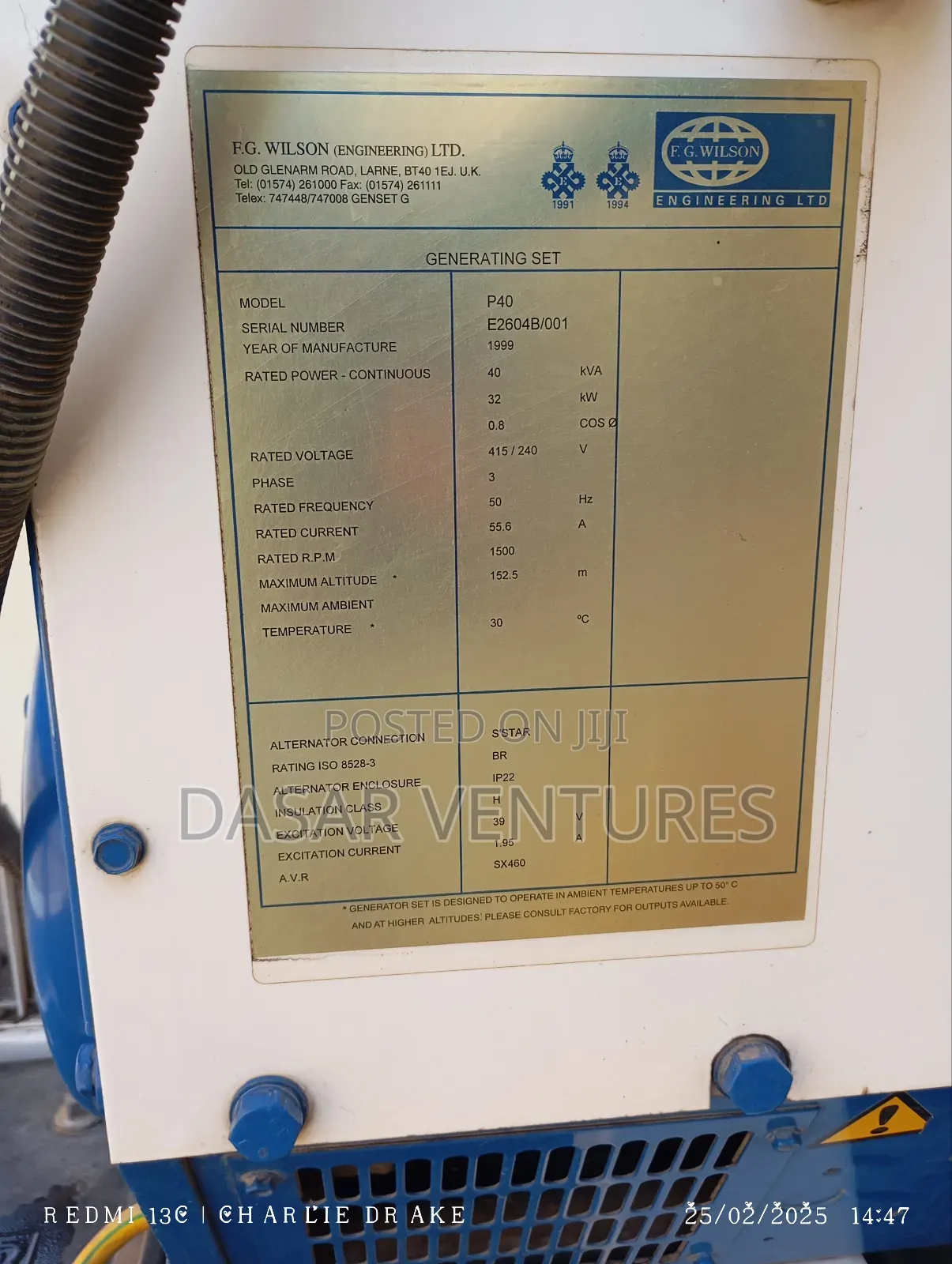 Generator Perkins 40kva Ex Uk