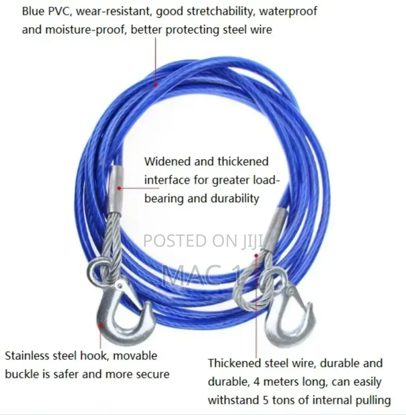5 Ton Towing Rope Steel Unbreakable With Hook