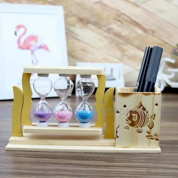 Handicraft Wooden Pen Stand With 3 Hourglass Timer - main view