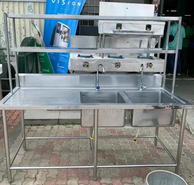 Stainless Steel Double Sink With Overshelfs