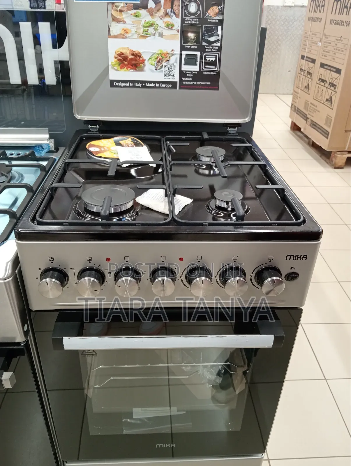 Mika 50by 60 3 Gas + 1 Rapid Plate Electric Oven, Black