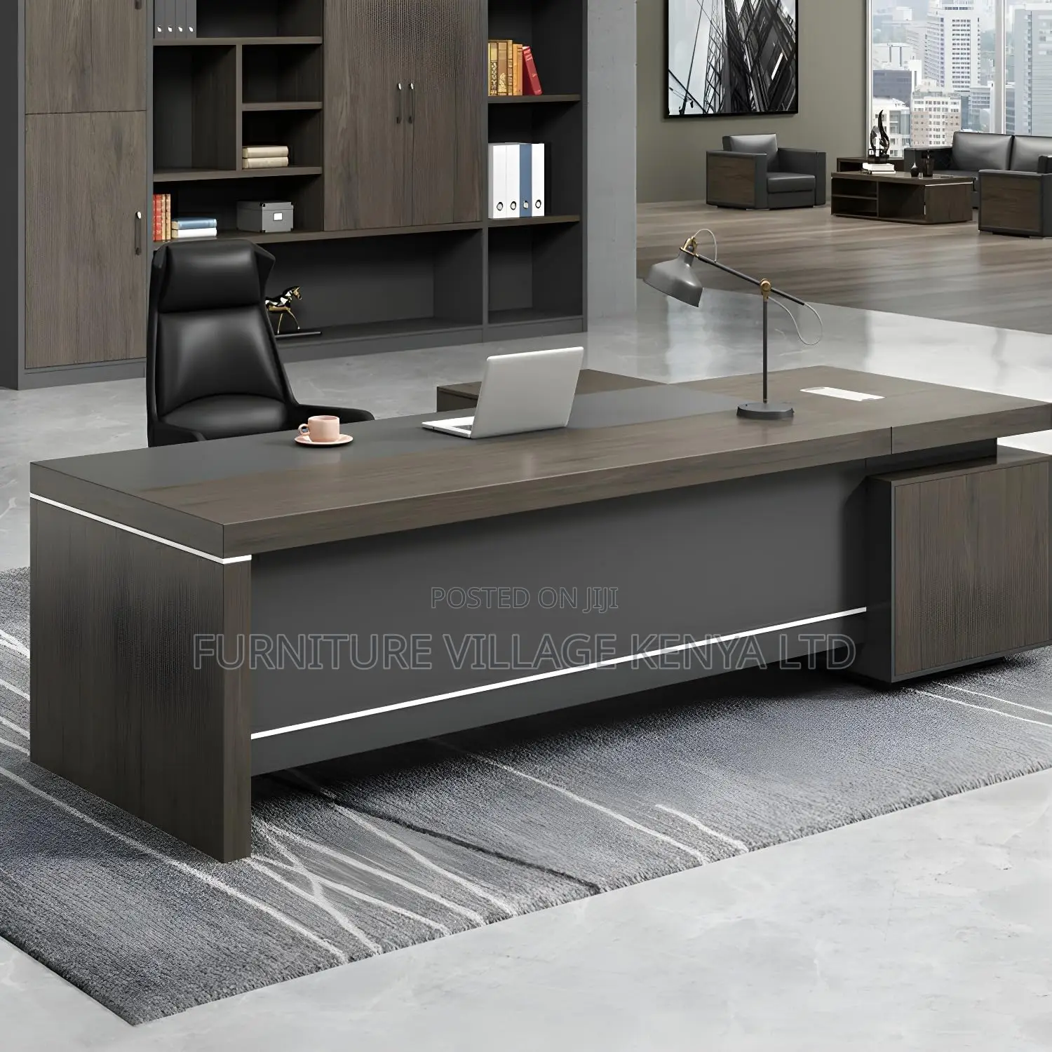 Modern Grey L-Shape Executive Desk With Pedestal Base