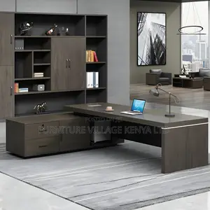 Modern Grey L-Shape Executive Desk With Pedestal Base