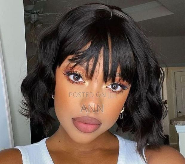 12 Inch Wavy Bob Semi Human Wig With Bangs - main view