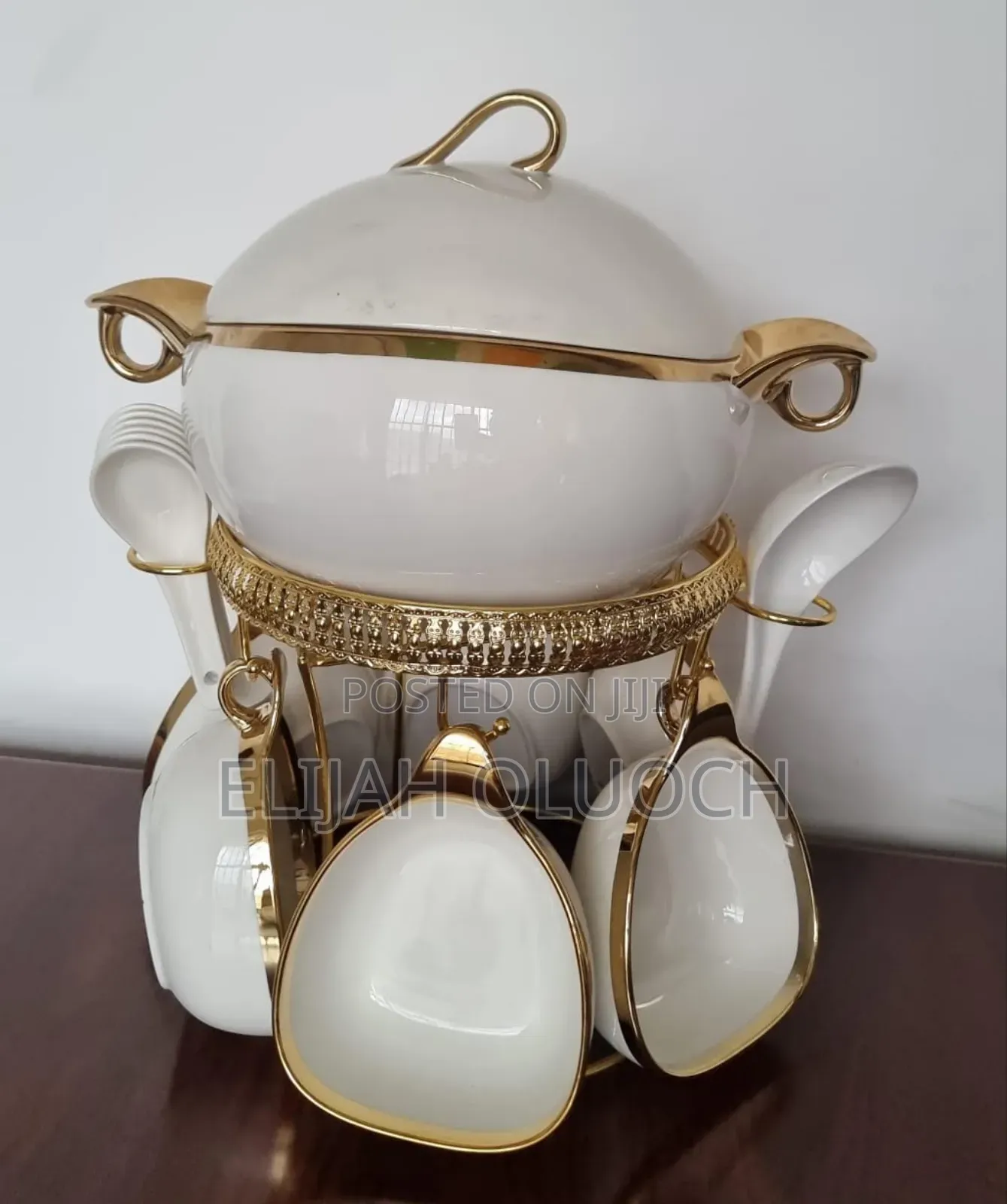 16pc Ceramic Soup Set on Golden Stand