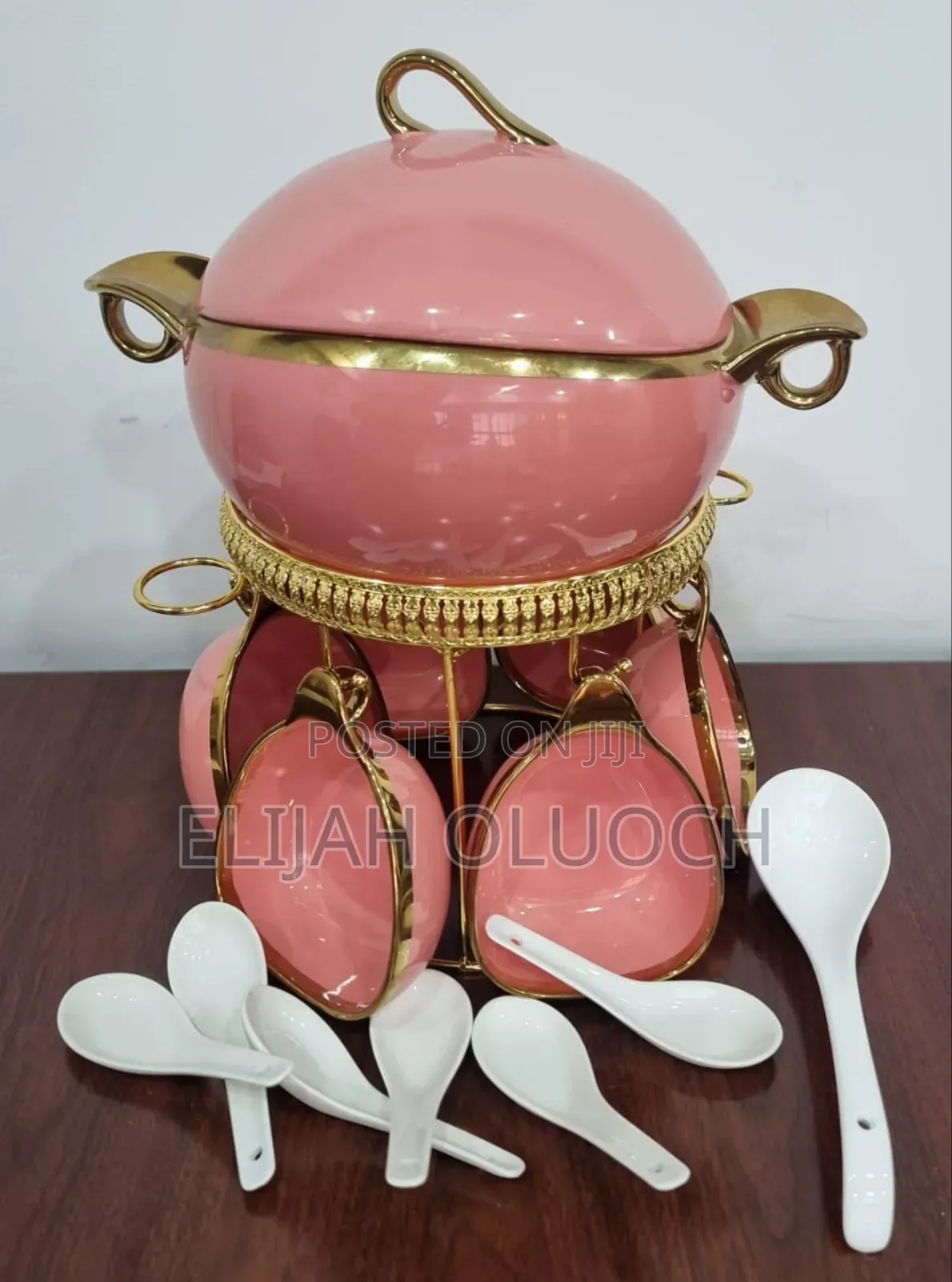 16pc Ceramic Soup Set on Golden Stand