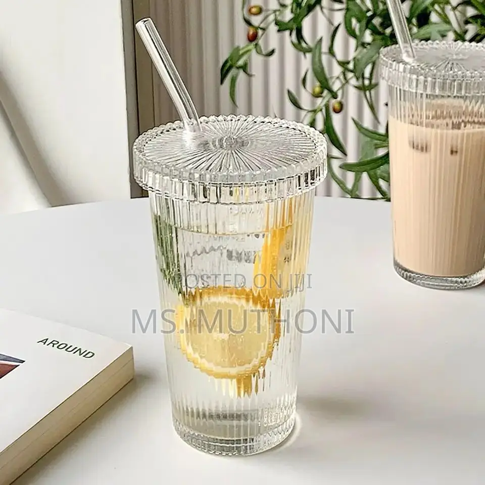 375ml Simple Stripe Glass Cup With Lid and Straw