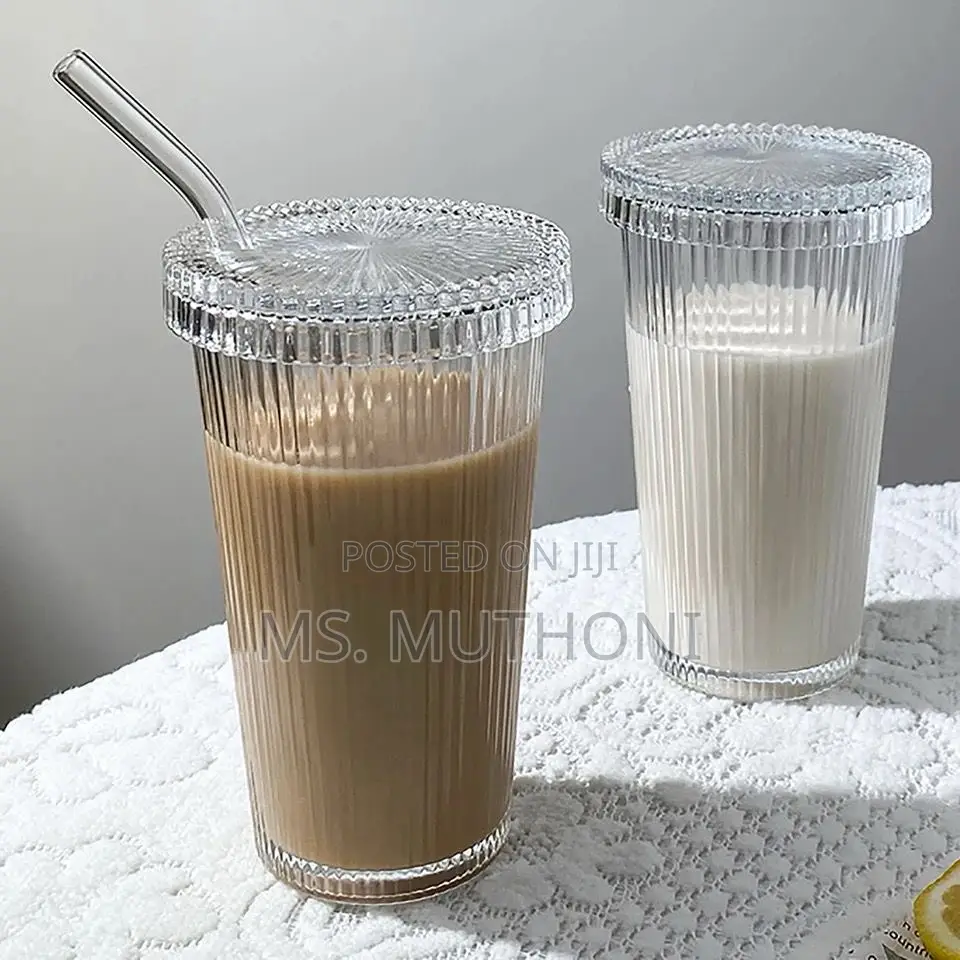 375ml Simple Stripe Glass Cup With Lid and Straw