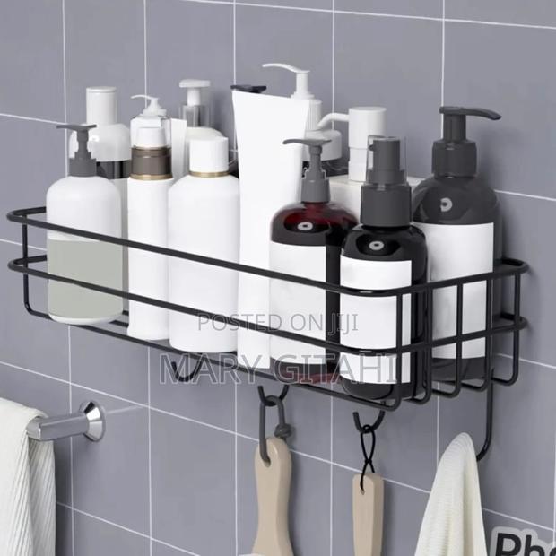 Metallic Bathroom Shelf With Hooks at : Black and White
