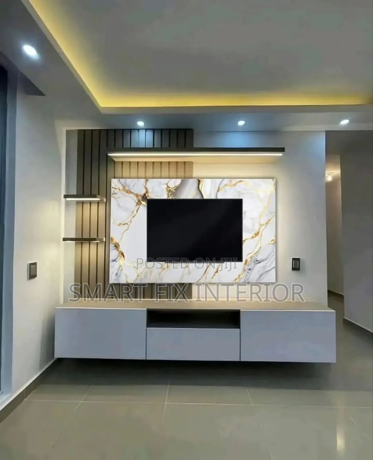 Tv Stand/Fluted Panels/Mable Sheet/Snake Light