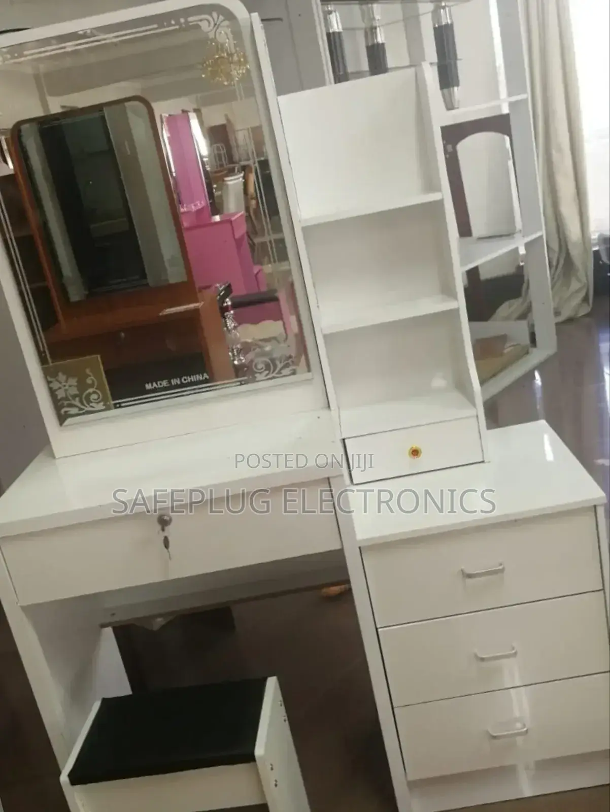 White Dressing Mirror Table - With Drawers, Stool Shelves