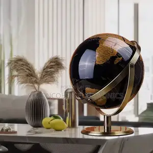 Rotating Retro Gold Black World Globe Metal Bracket Decor