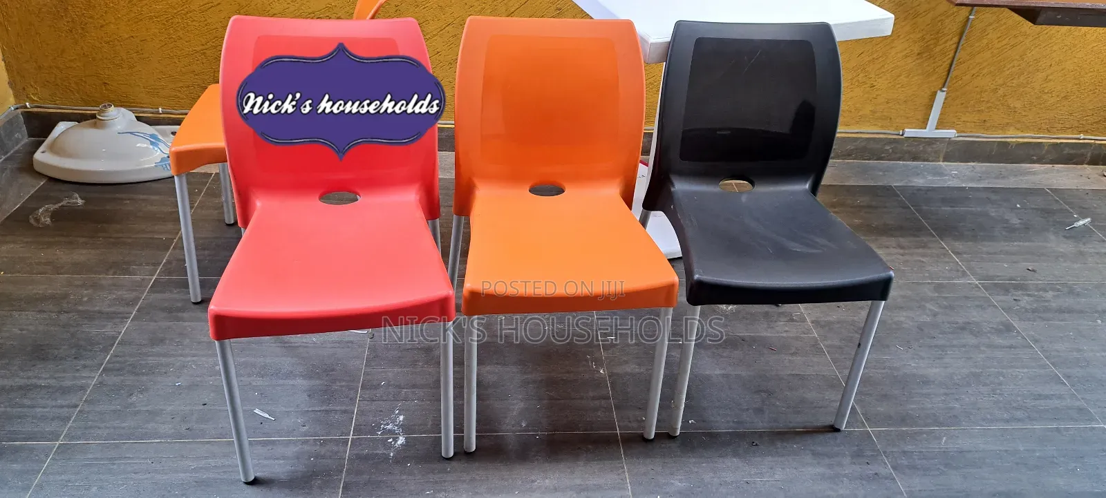 3 Assorted Colour's Plastic Chairs With Metal Tubing Legs
