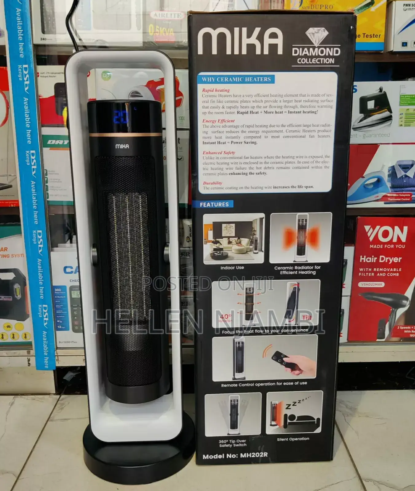 *Mika Tower Heater With Remote, Fan,Tilt and Oscillation