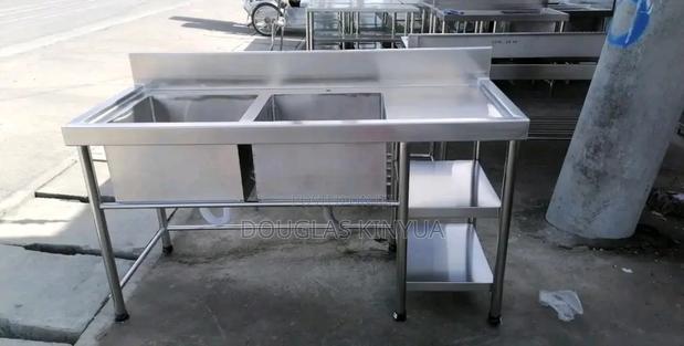 Double Bowl Washing Sink Stainless Steel and Bottom Shelf.