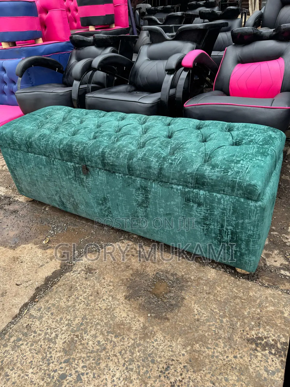Green Velvet Sofa And Open Storage
