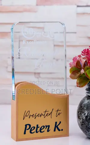Rectagular Crystal Award With Wooden Base
