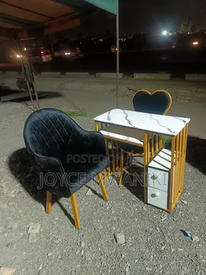 Manicure Set, Black Seats, Marble White Table, Black Gold 