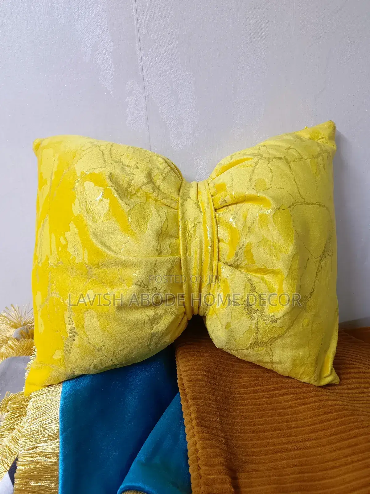 Yellow Marble Bowtie Pillow With Removable Cover