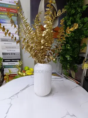 White Flower Vase With Gold Eucalyptus Flowers