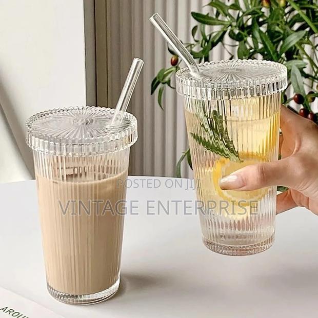 Simple Stripe Glass Cup With Lid and Straw - main view
