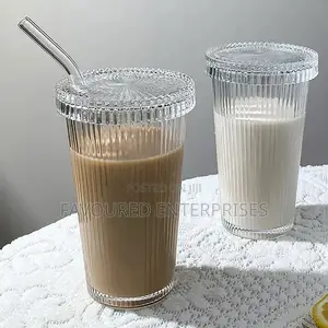 Simple Stripe Glass Cup With Strawl