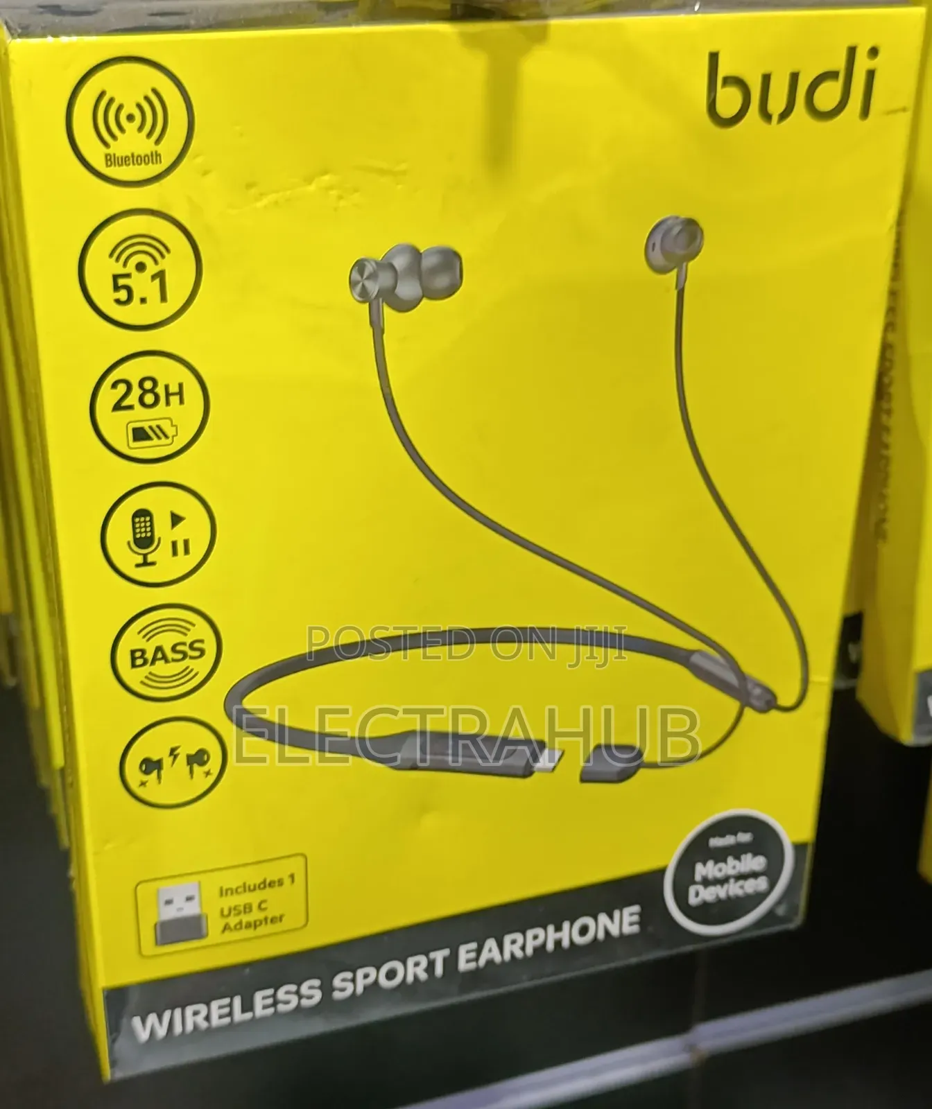 Budi 28hrs Wireless Sport Earphone With Usb C Adapters