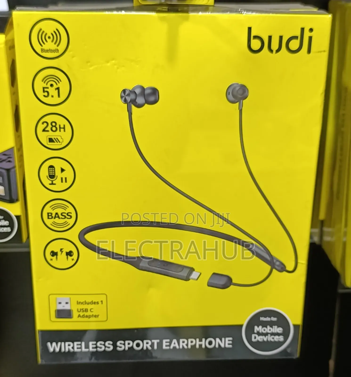 Budi 28hrs Wireless Sport Earphone With Usb C Adapters