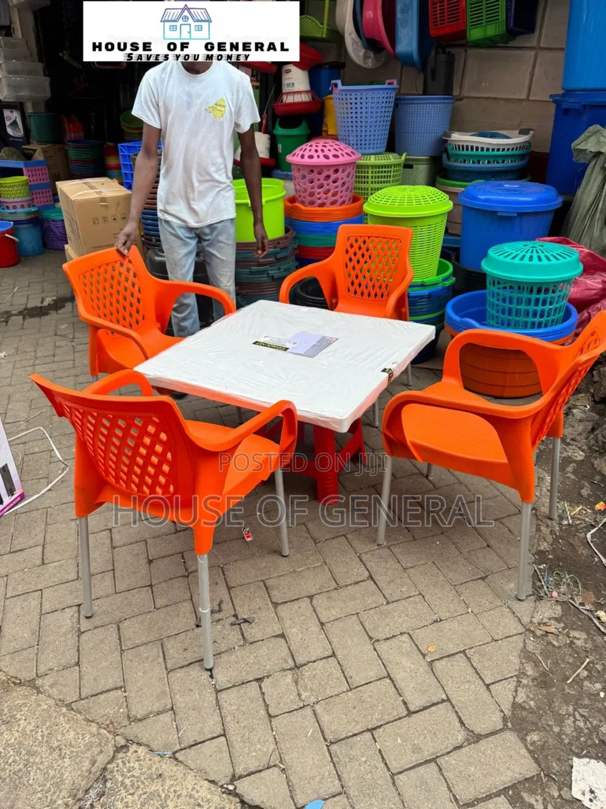4 Plastic Chair With Metal Legs and 1 Plastic Table