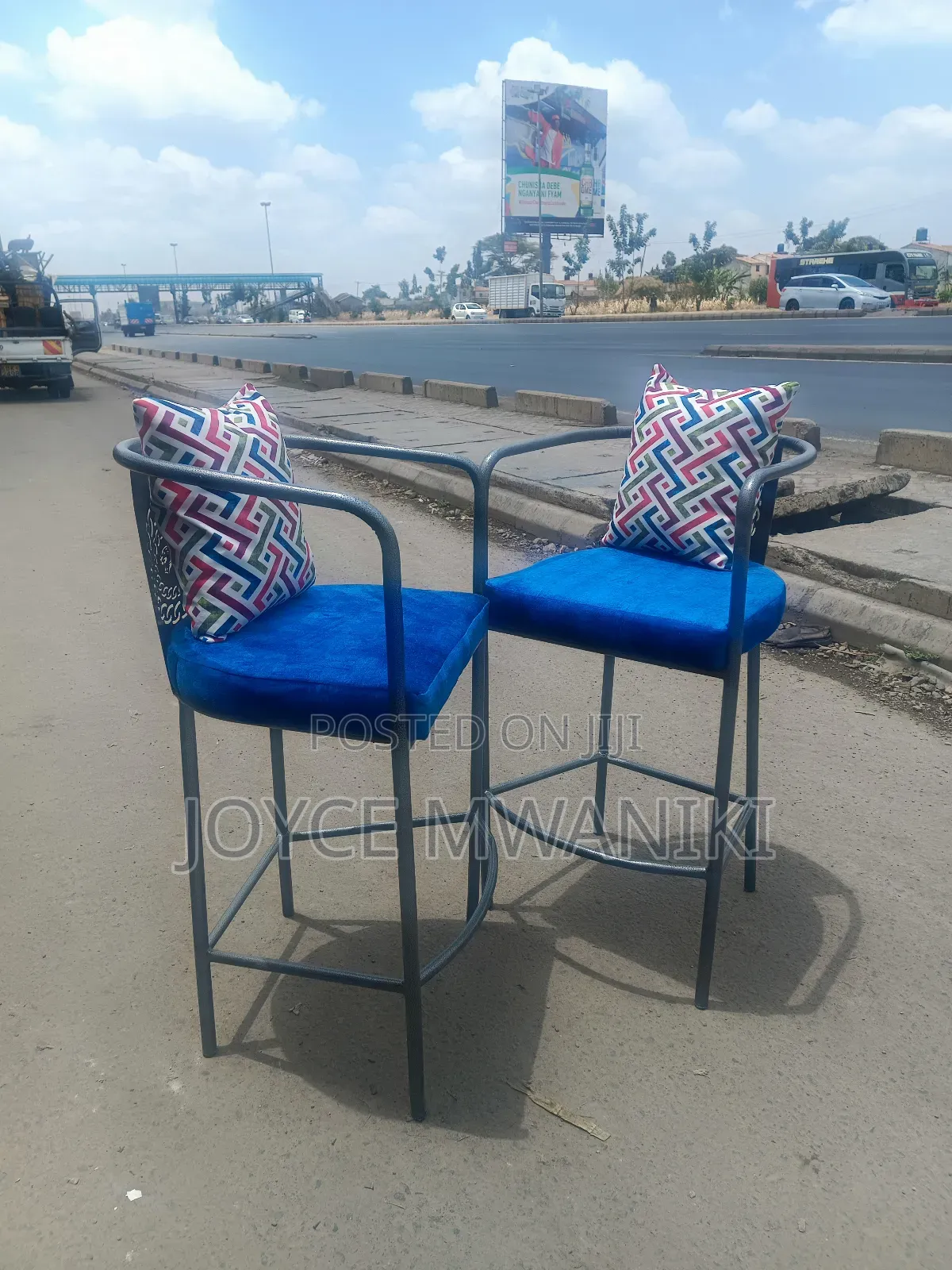 High Counter Stoool or Kitchen Stools, Blue With a Pillow 