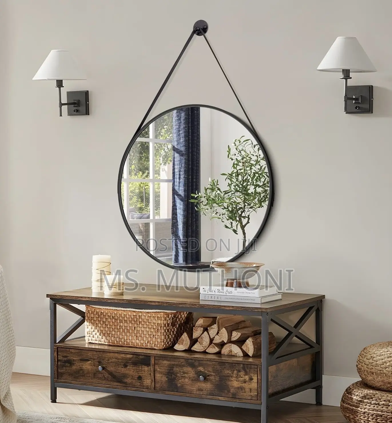Round Hanging Mirror With Strap Decorative Wall Mirror 60cm*