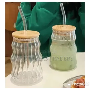 500ml Striped Glass Cup With Bamboo Lid