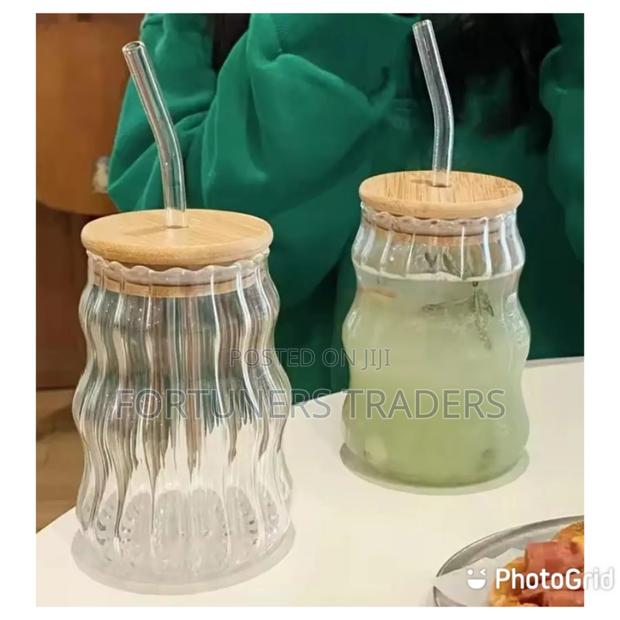 500ml Striped Glass Cup With Bamboo Lid