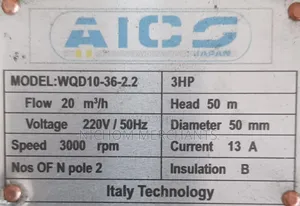 Aico 3hp 50mtrs Sewage Submersible Pump