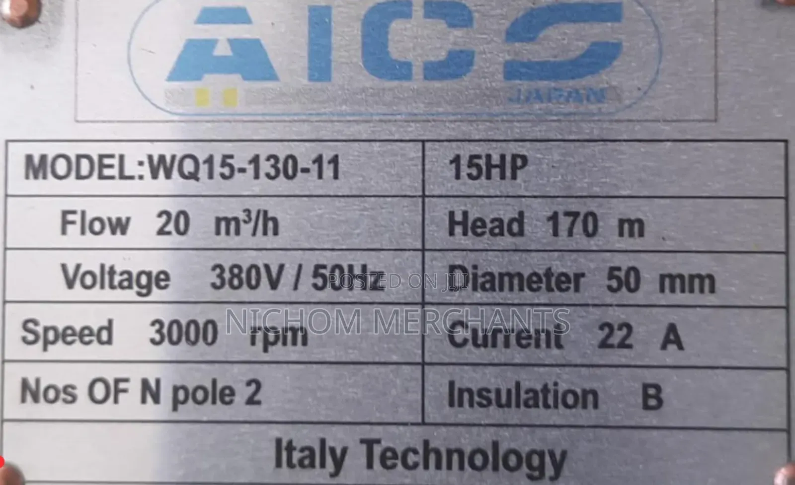 Aico 15hp Submersible Sewage Pump 170mtrs