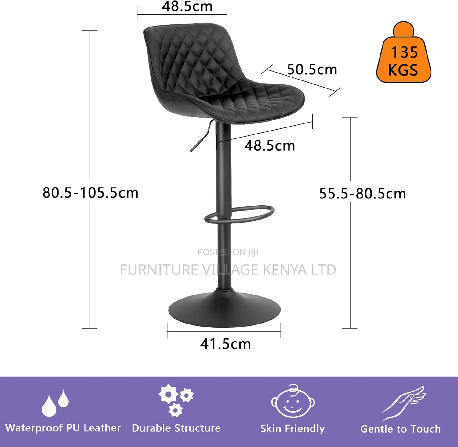 Modern Pu Leather Padded Swivel Gas Lift Bar Stools