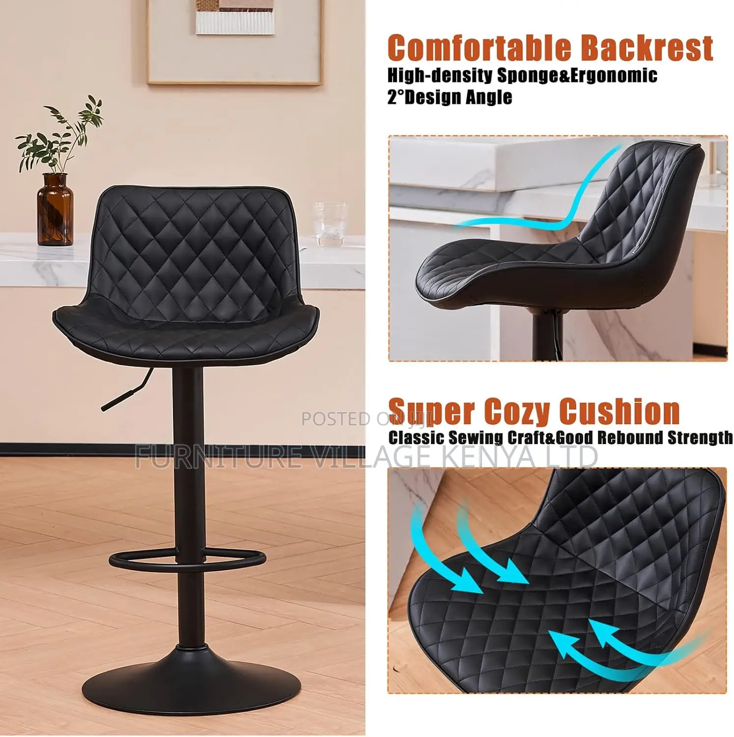 Modern Pu Leather Padded Swivel Gas Lift Bar Stools