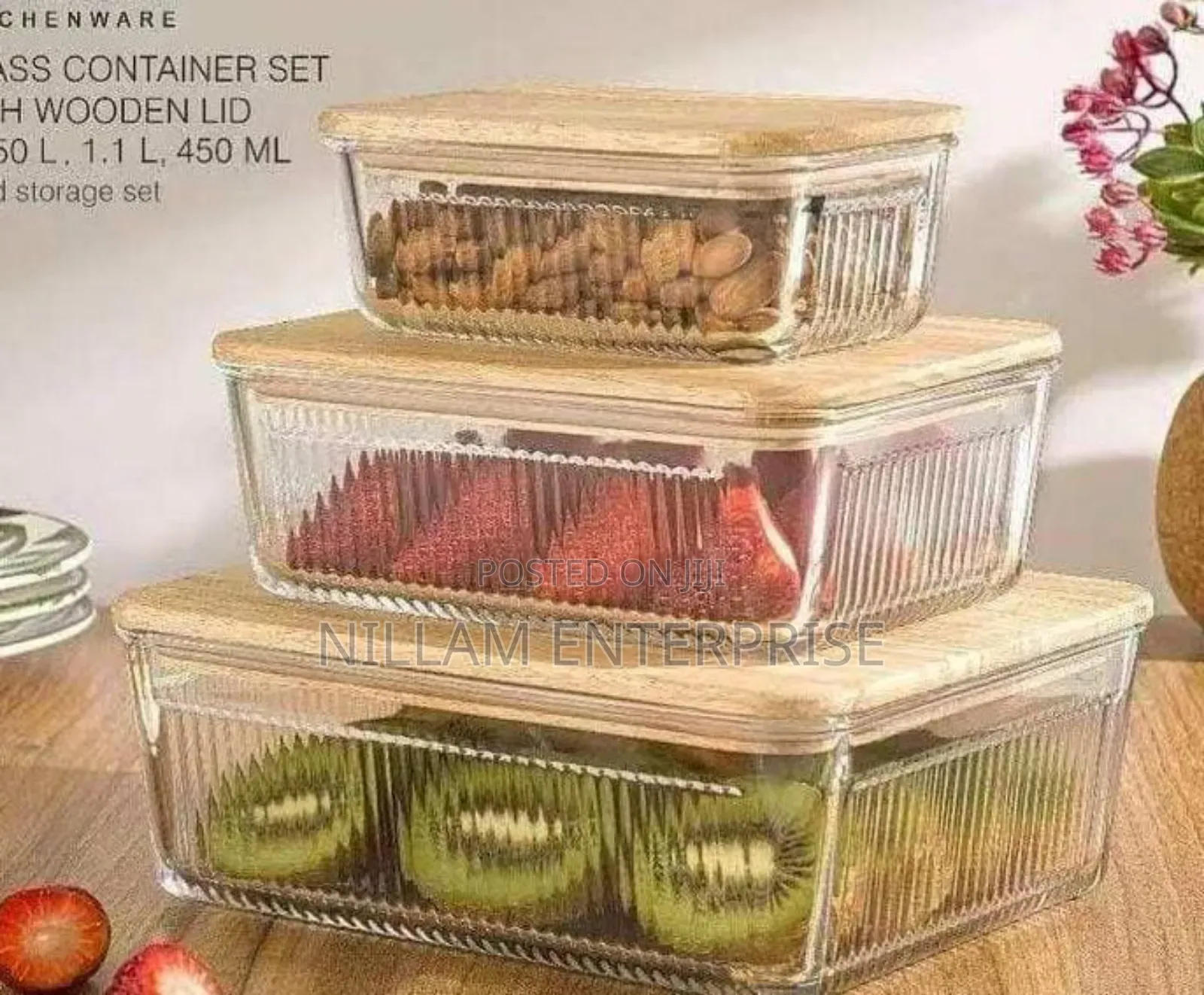Ribbed Glass Food Storage Containers With Bamboo Lid 3pc
