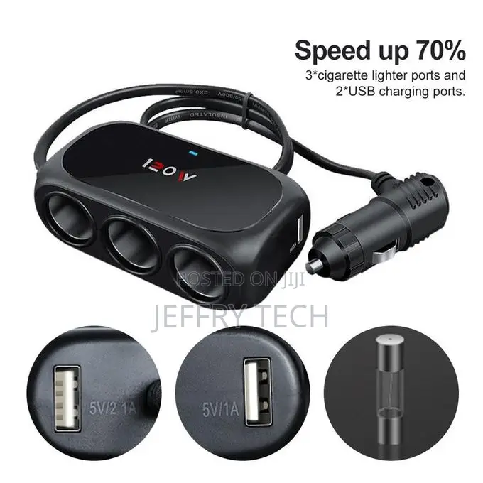 120w Car Charger Adapter 3 Socket Cigarette Lighter Splitter