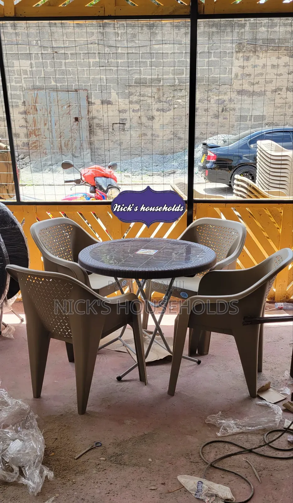 Plastic Chairs + Round Plastic Table With Foldable Metal