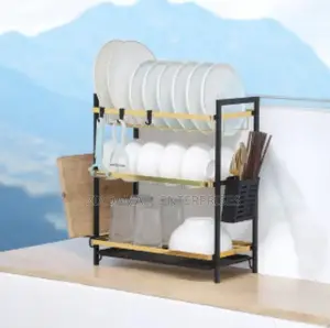 3-Tier Dish Rack: Black Gold Finish, Compact Storage