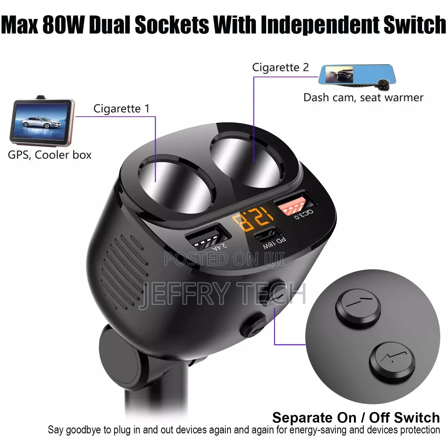 Multi Power Outlet 80w W/Led Voltmeter Switch Dual Usb Port