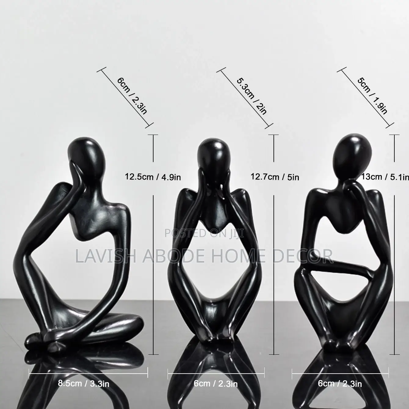 Black Thinker Man Statues Set of 3 Decor
