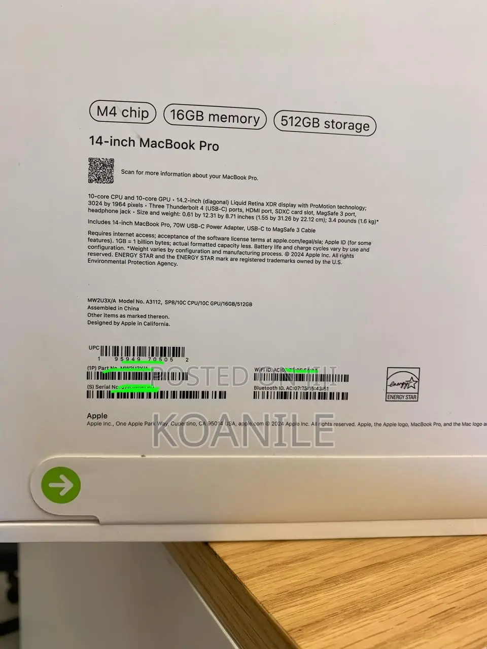 New Apple MacBook Pro 2024 M4 Pro 14-Inch 16GB Apple M4 SSD 512GB
