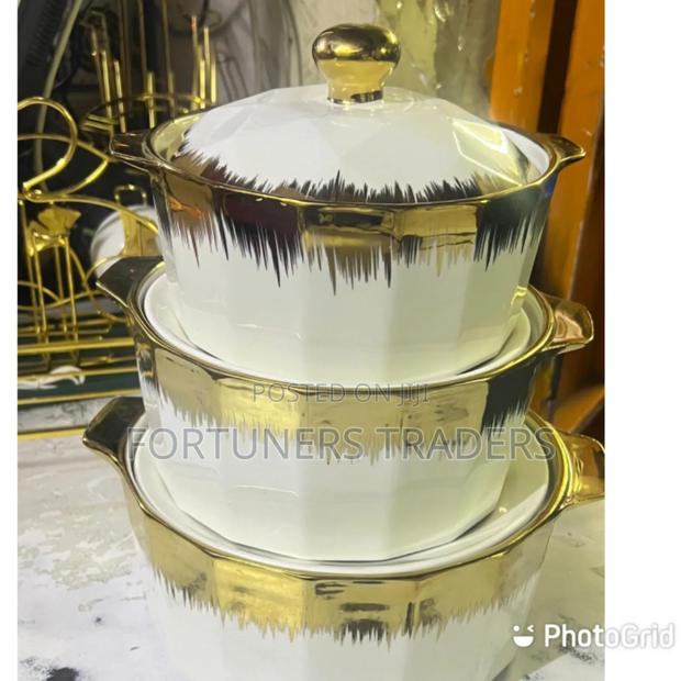 3 PCS Golden. White Serving / Soup Pot - main view